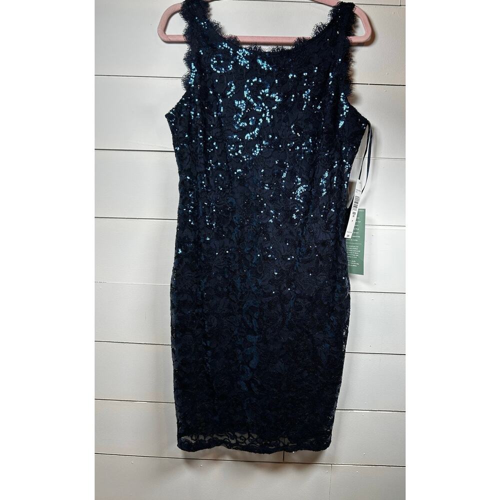 Marina Cocktail Dress Navy Blue Lace Sequin Embellishments V-Neck Size 10